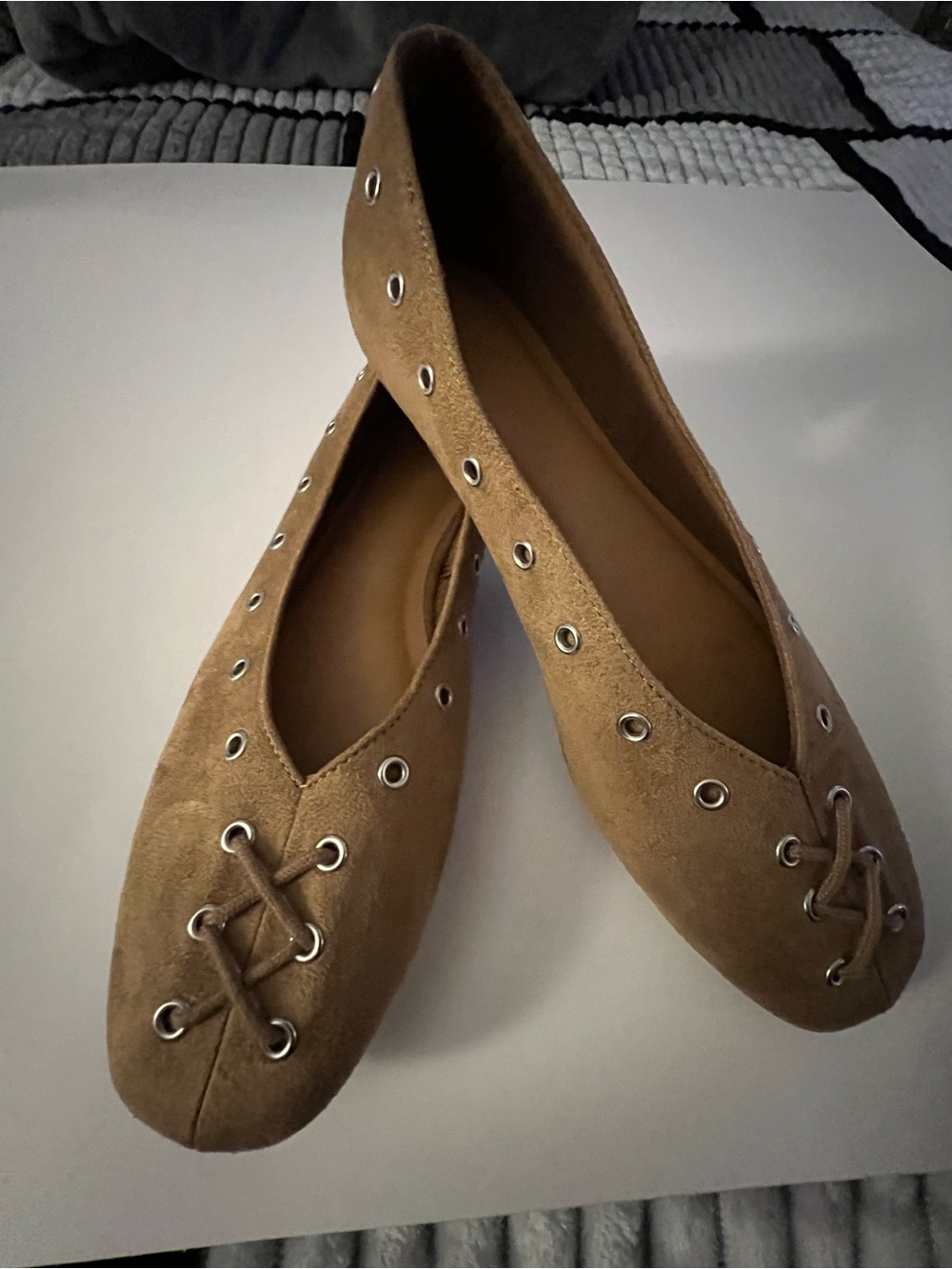Time and Tru Tan Suede Lace-Up Ballet Flats with Eyelet Detail